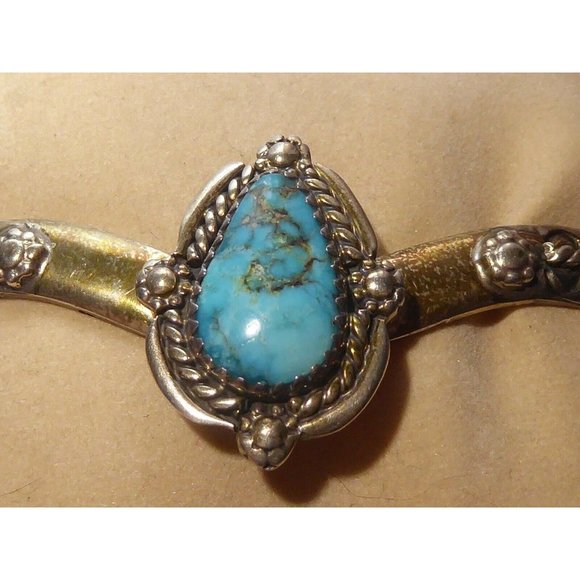 Native American Bracelet Sterling Silver Cuff Turquoise Stone Signed E - Picture 7 of 16